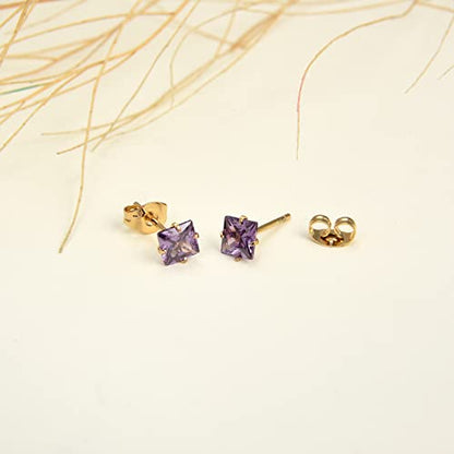 12 Pairs Surgical Stainless Steel Stud Earring Round Heart Star Square Cubic Zirconia Birthstone Stud Earrings Set for Women - color: Gold square 4mm