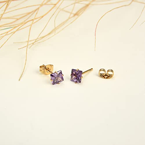 12 Pairs Surgical Stainless Steel Stud Earring Round Heart Star Square Cubic Zirconia Birthstone Stud Earrings Set for Women - color: Gold square 3mm