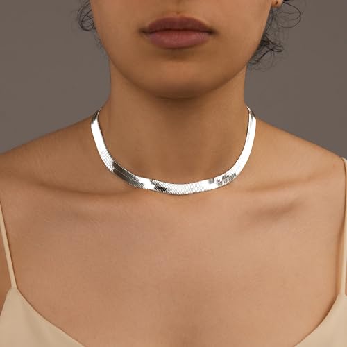 WomenGifts 14K Gold Silver Plated Herringbone Necklace for Women, Dainty Snake Chain Choker, Trendy Simple Long Layered Jewelry Non Tarnish, 3/4/5/8mm,14,16,18,20,22,24,26 Inch Thin & Chunky Options - color: Silver, style: 8mm-14inch