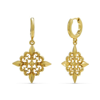 PUNKYOUTH Gothic Crest Dangle Drop Hoop Earrings Dark Alternative Piercing Jewelry 18G 1mm Antique Finish Ornate Scroll Cubic Zirconia Spike Statement Everyday Wear Accessories For Women Men - color: Fleur-de-lis-Gold