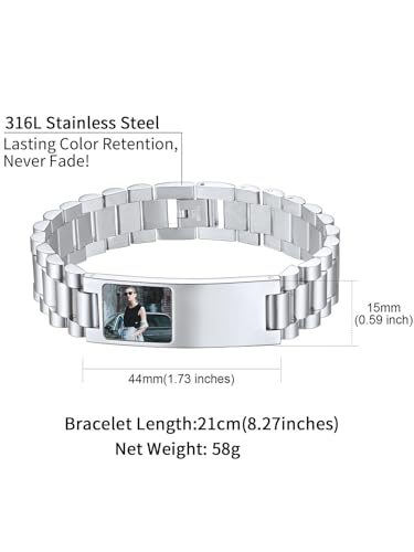 ChainsHouse Men Stainless Steel Bracelet Adjustable Custom ID Engraved Gift | Personalized Silver/Gold/Black for Birthday Father Husband Boyfriend with Gift Box Adjustable Tool 10mm/15mm/15.5mm 8.3"/8.7" - color: E.15mm Width-Silver-Photo Custom
