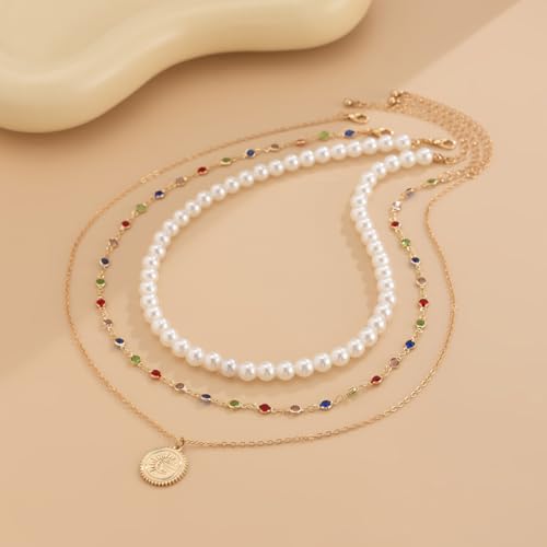Layered Gold Necklaces for Women Stackable Pearl Coin Choker Necklace Set Colorful Cubic Zirconia Chain Necklaces Trendy Birthday Jewelry Gifts