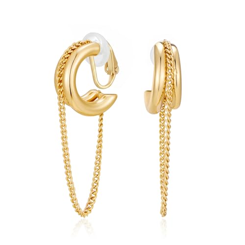 Gold Silver Trendy Clip On Dangle Earrings for Women | Clip On Drop Earrings, Tassel Chain Hoop Earrings, Non Piercing, Fashion Jewelry Gifts - color: A Clip-Gold
