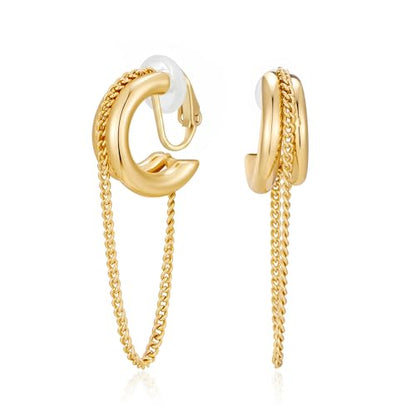 Gold Silver Trendy Clip On Dangle Earrings for Women | Clip On Drop Earrings, Tassel Chain Hoop Earrings, Non Piercing, Fashion Jewelry Gifts - color: A Clip-Gold