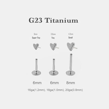 20G/18G/16G Titanium Flat Back Earrings, Threadless Nose Stud Tiny Stud Earrings, Cartilage Tragus Piercing Jewelry Conch Helix Stud - color: Heart (silver 3pcs), size: 18ga(1.0mm)