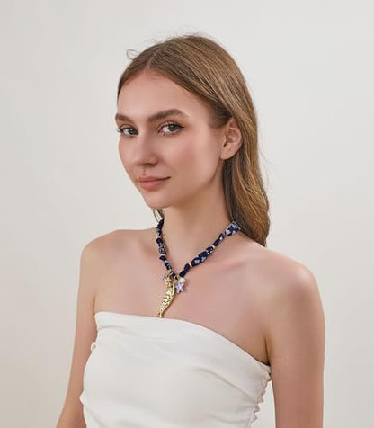 CLASSYZINT Scarf Necklace with Charms Heart Choker Necklace Shell Necklace Bandana Necklac Statement Choker Jewelry - color: Blue Fish Pendant