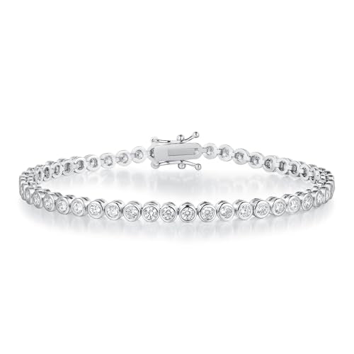Tennis Bracelet for Women, White Gold Plated with Bezel Clear 3mm Round Cut Cubic Zirconias - size: 7 inch