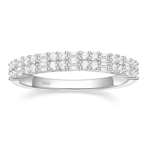 EAMTI Wedding Bands for Women Baguette Round Cubic Zirconia Stackable Promise Rings for Her Travel Ring Size 4-10 - color: Brass-Silver