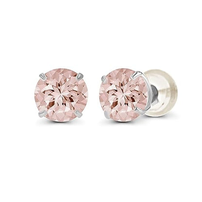 Solid 14K Yellow, White or Rose Gold 4mm Round Genuine Gemstone Birthstone Prong Set Stud Earrings For Women - color: Morganite