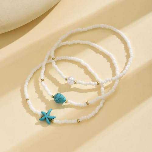 Boho Shell Anklets for Women, 3-Pack Layered Waterproof Ankle Bracelet, Seashell & Starfish Bead Foot Jewelry for Summer Beach Outfits - color: Starfish White
