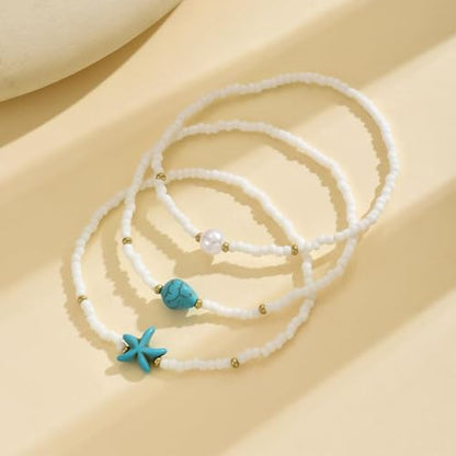 Boho Shell Anklets for Women, 3-Pack Layered Waterproof Ankle Bracelet, Seashell & Starfish Bead Foot Jewelry for Summer Beach Outfits - color: Starfish White