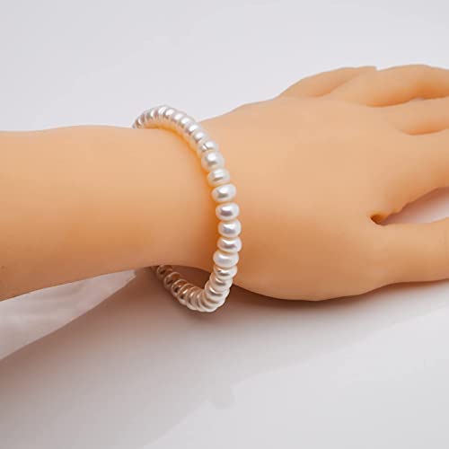 Handmade Women's Pearl Bracelet | Stretchy Beaded 8-9mm Baroque Pearl Bracelet for Ladies and Girls - Pink, Black, White, Grey, Multicolor - color: White Button Pearl