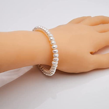 Handmade Women's Pearl Bracelet | Stretchy Beaded 8-9mm Baroque Pearl Bracelet for Ladies and Girls - Pink, Black, White, Grey, Multicolor - color: White Button Pearl