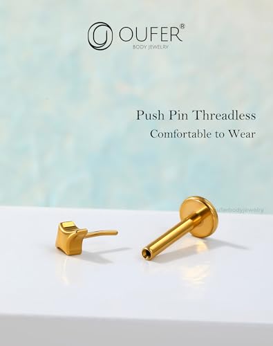 OUFER G23 Titanium Threadless Labret Studs – Flat Back Push Pin Earrings for Tragus, Helix, Monroe, Conch, Lip Piercing – 16G/18G, 6MM/8MM - color: Gold-4Star, size: 20g 10mm