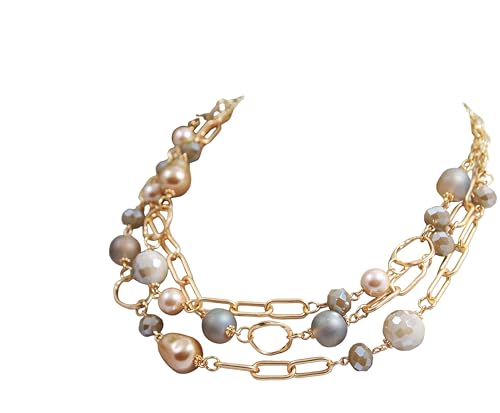 Multi Strand layered Frosted Multi Layer Mother of Pearl Statement Chunky Pastel Pearl Necklace June Birthday Gift - style: gold-filled