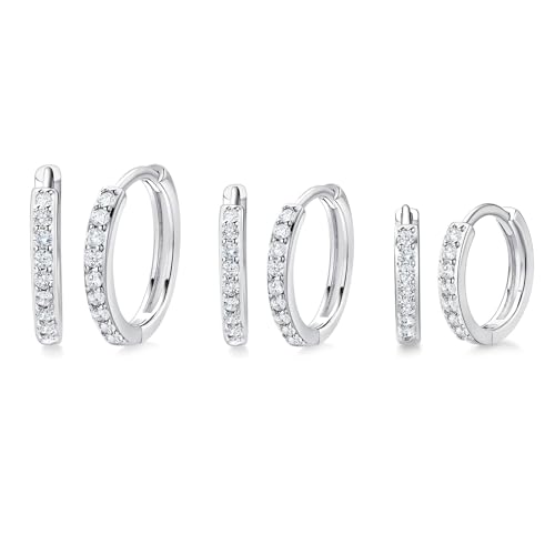 White Gold Earrings for Women Men Hoop and Stud Earring Set | Hypoallergenic 14K White Gold Plated Hoops Huggie Stud Earrings Set Round Cubic Zirconia Ear Jewelry - style: A5-White Gold-Hoop (3 Pairs)