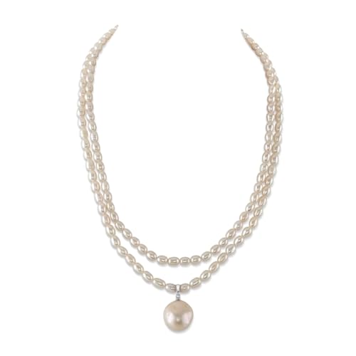 The Pearl Source White Freshwater Pearl Double Strand Oval Necklace for Women, Premium AAA Pearl Quality 4.5-5.0mm Sterling Silver