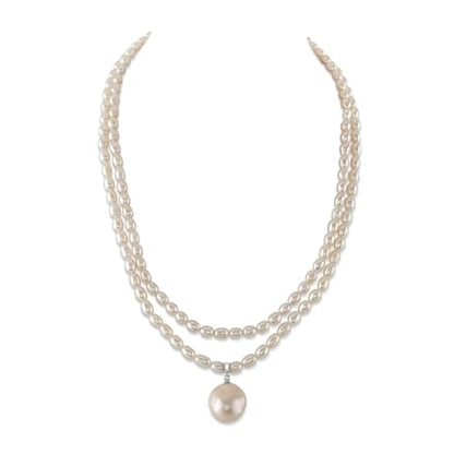 The Pearl Source White Freshwater Pearl Double Strand Oval Necklace for Women, Premium AAA Pearl Quality 4.5-5.0mm Sterling Silver