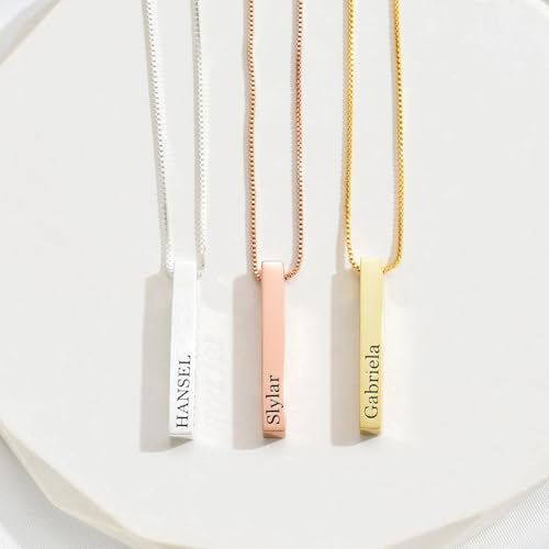 Custom 3D 4-Side Bar Necklace Personalized Vertical Bar Name Necklace Birthday Mother's Day Gifts Handmade Jewelry Gift for Women Mom Customized Bar Pendant - color: Gold