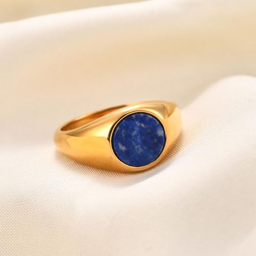 MYNENEY Stainless Steel Round Statement Pinky Signet Rings for Men Women - color: Lapis lazuli-Gold