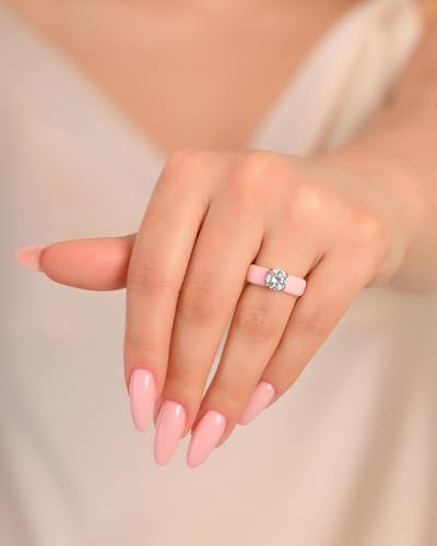Rinfit Silicone Ring with Stone, Round Cut CZ | AAAAA Grade Cubic Zirconia, Solitaire Engagement Ring for Her, Flexible Rubber Wedding Band for Women, Patented Design - color: Pack E: Pink / Rose Gold