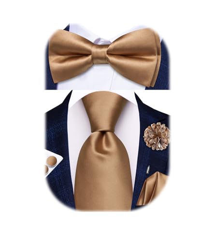 Hi-Tie 5Pcs Mens Solid Color Silk Tie Satin Pretied Bowtie Lapel Pin for Men Handkerchief Cufflink Wedding Gift Box - color: Deep Khaki