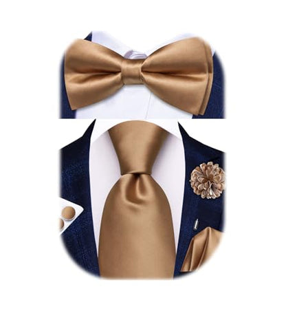 Hi-Tie 5Pcs Mens Solid Color Silk Tie Satin Pretied Bowtie Lapel Pin for Men Handkerchief Cufflink Wedding Gift Box - color: Deep Khaki