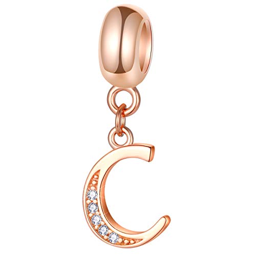 EMOSTAR Letter Charms Initial A-Z Alphabet Beads, Rose Gold 925 Sterling Silver Dangle CZ Birthstone Pendant, Gifts for European Charm Bracelet/Mothers Day/Birthday - color: Letter C