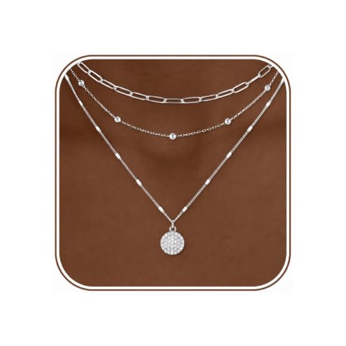 Layered Necklaces for Women, 3 Piece Gold Necklace Set | Paperclip, Satellite & CZ Pendant Chains; 14K Gold Plated Silver Stainless Steel Necklace; Hypoallergenic Non Tarnish Jewelry - color: Silver