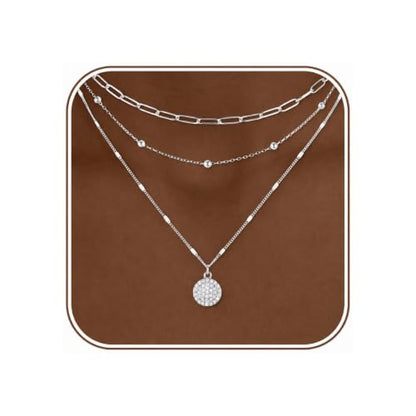 Layered Necklaces for Women, 3 Piece Gold Necklace Set | Paperclip, Satellite & CZ Pendant Chains; 14K Gold Plated Silver Stainless Steel Necklace; Hypoallergenic Non Tarnish Jewelry - color: Silver