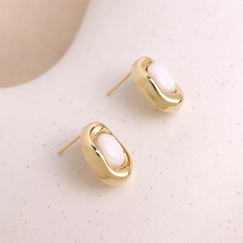 Jean Beau Chunky Gold Stone Stud Earrings for Women, Trendy Natural Gemstone Hypoallergenic Earing Valentine Jewelry Gift - color: White