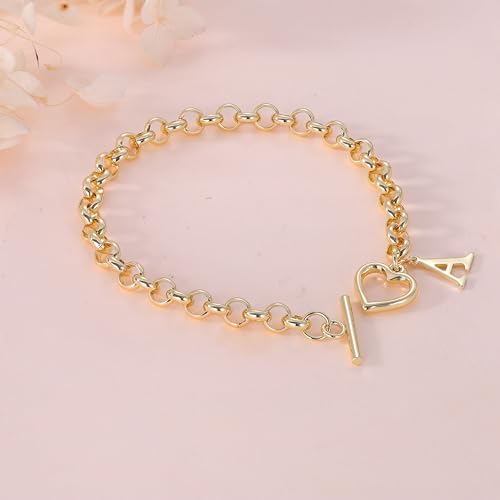 14K Gold Plated Stainless Steel A-Z Alphabet Letter Heart Bracelet | Non-Tarnish Dainty Charm with a Romantic Toggle Clasp Daily Fashion Jewelry, 7-inch Rolo Chain, Personalized Gift for Her - color: K