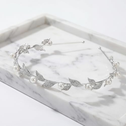 SWEETV Silver Bridal Headband, Pearl and Crystal Leaf Wedding Hair Accessories, Delicate Rhinestone Tiara Headpiece for Brides Bridesmaids Girls Prom Party