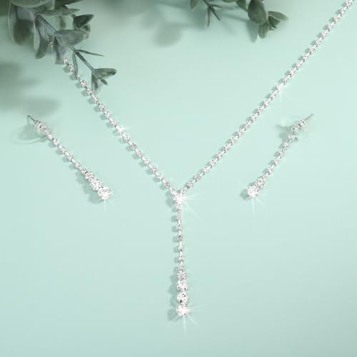 Yean Silver Bridal Jewelry Set Rhinestone Wedding Necklace and Earring Set Prom Jewelry for Women and Bride - color: Silver