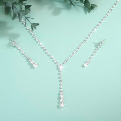 Yean Silver Bridal Jewelry Set Rhinestone Wedding Necklace and Earring Set Prom Jewelry for Women and Bride - color: Silver