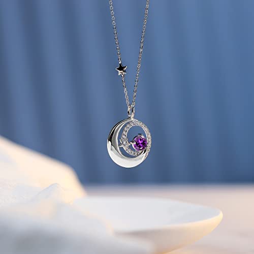 FANCIME Birthstone Necklaces 925 Sterling Silver Moon and Star Pendant Fine Jewelry Birthday Mothers Day Gifts for Mom Wife Her Daughter, Adjustable Chain 16+2" - color: Feb.- Amethyst