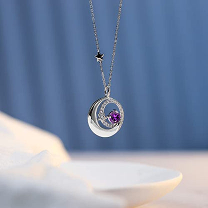 FANCIME Birthstone Necklaces 925 Sterling Silver Moon and Star Pendant Fine Jewelry Birthday Mothers Day Gifts for Mom Wife Her Daughter, Adjustable Chain 16+2" - color: Feb.- Amethyst
