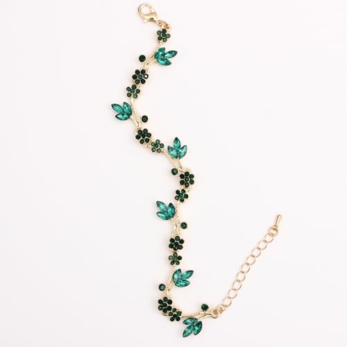 Brides Bridesmaid Flower Leaf Choker Necklace Dangle Earrings Link Bracelet Austrian Crystal Wedding Jewelry Set for Prom Costume Party Accessories for Woman - color: Emerald-Gold Plated
