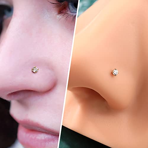 COCHARM 10k Solid Gold Clear CZ Nose Stud 20g 10K Yellow Gold Nose Screw Nose Rings Hypoallergenic S Shape Nose Piercing For Women Men - color: Clear