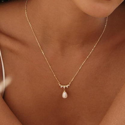 Pearl Necklaces for Women Trendy,14k Gold Plated Pearl Pendant Necklace Dainty Wedding Necklace Small Cute Gold Choker Necklace for Women Non Tarnish Gold Prom Jewelry Fashion Bridesmaids Gifts - color: Horizontally CZ