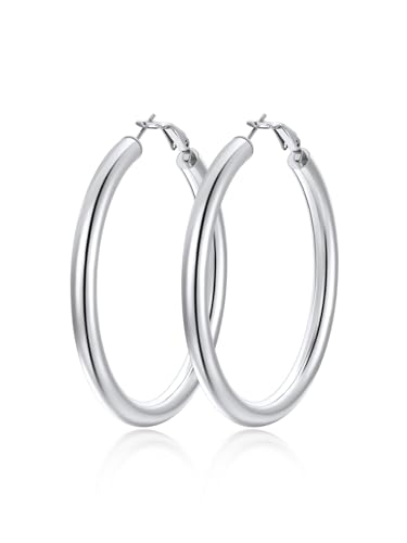 FindChic Hoop Earrings for Women, Silver/Black/14K Gold Plated Hypoallergenic Hollow Round Tube Loop Earrings, 20mm/30mm/40mm/60mm/80mm Chunky Hoops with Custom Name Options & Gift Box - color: b.Silver, size: 60MM