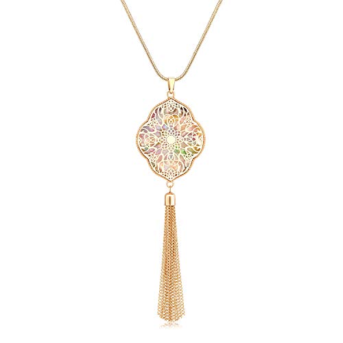MOLOCH Long Necklaces For Woman Disk Circle Pendant Necklaces Tassel Fringe Necklace Set Statement Pendant - color: quatrefoil--gold-Floral