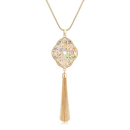 MOLOCH Long Necklaces For Woman Disk Circle Pendant Necklaces Tassel Fringe Necklace Set Statement Pendant - color: quatrefoil--gold-Floral