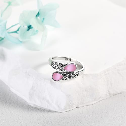 Ring for Women Sterling Silver Adjustable Band Open Rings Jewelry Gifts for Girls - style: pink opal