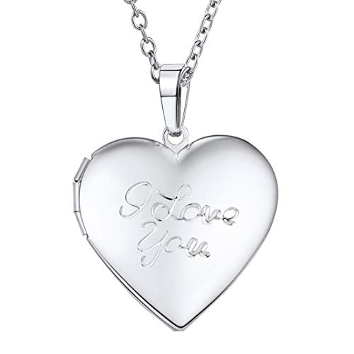 U7 Custom Photo Locket Necklace - Oval & Heart Shaped Locket - Gold/Silver/Rose Gold Personalized Image Necklaces for Women - color: 03-Platinum I Love You, style: a. locket only