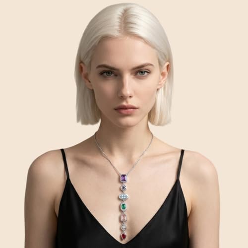 18K Gold Plated Seven Chakra Necklace for Women, Dainty Y Necklace Lariat Drop Pendant, Crystal Healing Yoga Jewelry Gifts - color: Silver 01