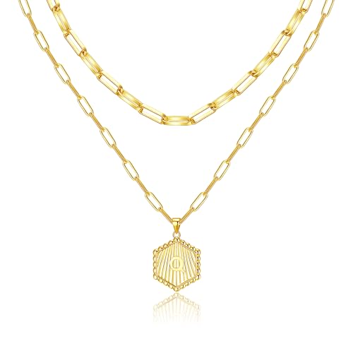 Layered Initial Necklace for Women | Gold Plated Paperclip Chain with Sunburst Hexagon Letter Pendant | Double Layer Alphabet Necklace | Personalized Minimalist Jewelry Gift - color: Q