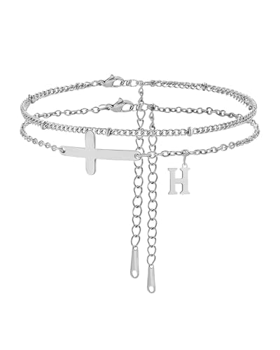 Layered Cross Initial Ankle Bracelets for Women Waterproof 14K Gold Plated Non Tarnish Stainless Steel Stacking Letter Charm Anklets Summer Beach Foot Jewelry Gift - color: silver