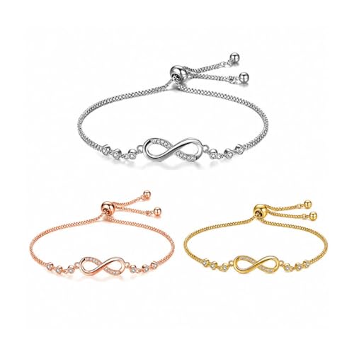 Nilu's Collection Infinity Shape Cubic Zirconia Diamond Bracelet for Women, Jewelry for Gift, Adjustable Charm Bracelet (Rose Gold Necklace + Bracelet) - color: 3 Bracelets Combo