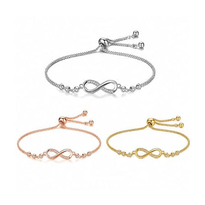 Nilu's Collection Infinity Shape Cubic Zirconia Diamond Bracelet for Women, Jewelry for Gift, Adjustable Charm Bracelet (Rose Gold Necklace + Bracelet) - color: 3 Bracelets Combo
